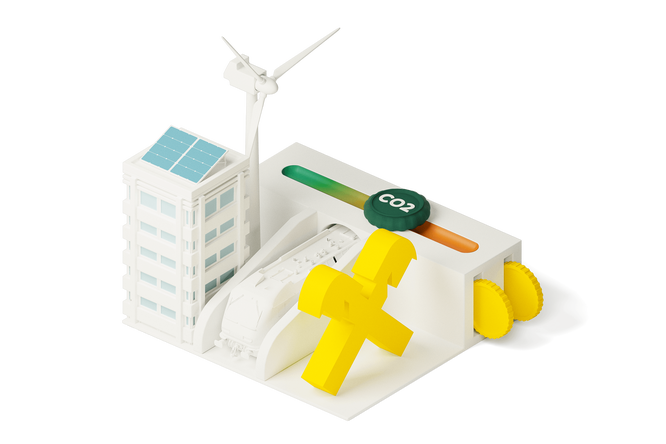 3D-Illustration eines modernen Gebäudes mit Solarmodulen, einer Windturbine, einem Zug und einem CO2-Messgerät, das nachhaltige Energielösungen und Bemühungen zur Reduzierung der Kohlenstoffemissionen in städtischen Umgebungen darstellt.