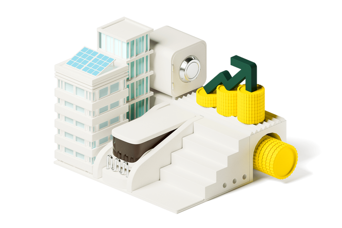 3D-Illustration moderner Bürogebäude mit Solarpaneelen, einem sicheren Tresorraum und Münzstapeln mit einem nach oben zeigenden Pfeil, der nachhaltiges Finanzwachstum, Investitionen und wirtschaftlichen Fortschritt symbolisiert.