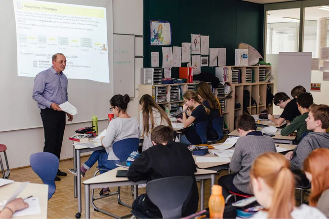 Schüler machen sich in einem Klassenzimmer aufmerksam Notizen, während auf einer Projektionsleinwand eine Präsentation angezeigt wird.