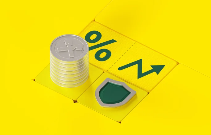 A stack of coins, percentage sign, upward arrow, and shield symbol on a bright yellow surface, representing financial growth and protection.