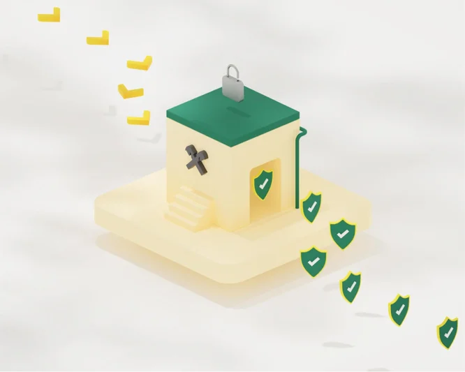 Eine 3D-Illustration eines Bankgebäudes mit einem Schloss auf dem Dach und mehreren grünen Sicherheitsschildern mit Häkchen darum herum.