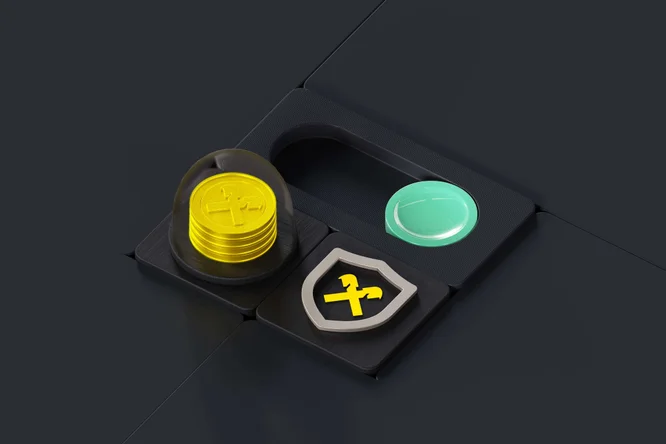 Eine digitale Illustration einer Sicherheitstaste, eines Schildsymbols und eines Münzstapels, die Cybersicherheit, Datenschutz und finanzielle Sicherheit darstellen.