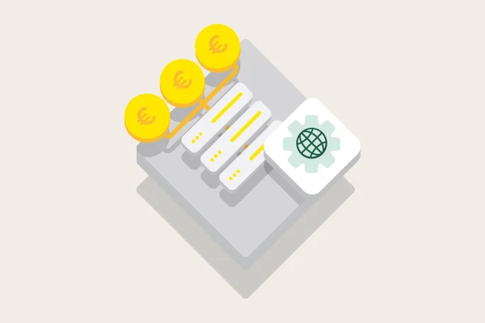 Dieses Bild zeigt ein Finanzverwaltungssystem mit Euromünzen, Serversymbolen und einem Zahnradsymbol mit einem Globus, das die Integration der Verarbeitung finanzieller Daten und der globalen Konnektivität im digitalen Finanzwesen darstellt.
