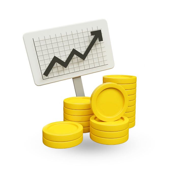 Eine 3D-Illustration, die einen steigenden Graphen auf einem Diagramm neben Stapeln gelber Münzen zeigt, was finanzielles Wachstum und steigende Gewinne symbolisiert.