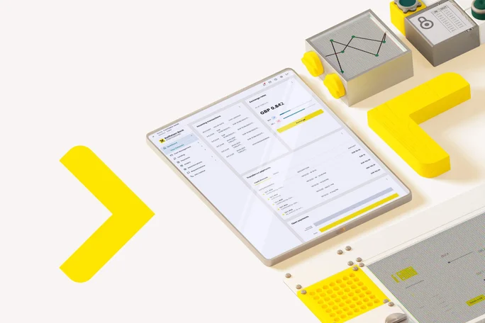 Ein digitales Tablet zeigt eine Finanz-Dashboard-Oberfläche mit verschiedenen Datenpunkten und Diagrammen. Die Umgebung ist ein moderner Arbeitsbereich mit geometrischen gelben Objekten und einem Diagramm im Hintergrund. Die Farbpalette wird von Weiß, Grau und einem leuchtenden Gelb dominiert und erzeugt eine klare und dynamische Atmosphäre. Auf dem Bildschirm werden der Text „GBP SALE“ und numerische Daten angezeigt, was den Geschäfts- oder Finanzkontext unterstreicht.