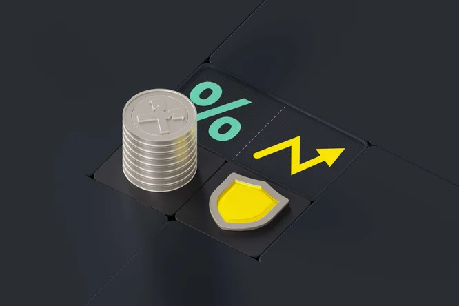 Eine digitale Illustration von gestapelten Münzen, einem Schild und Finanzindikatoren, die Anlageschutz, finanzielle Sicherheit und Marktstabilität darstellen.