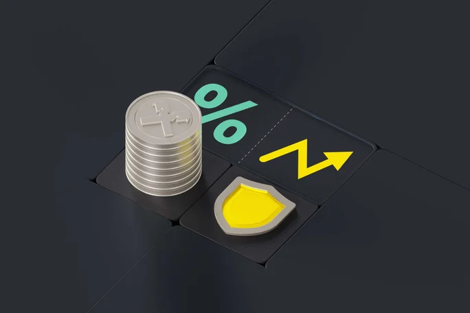 Eine digitale Illustration von gestapelten Münzen, einem Schild und Finanzindikatoren, die Anlageschutz, finanzielle Sicherheit und Marktstabilität darstellen.
