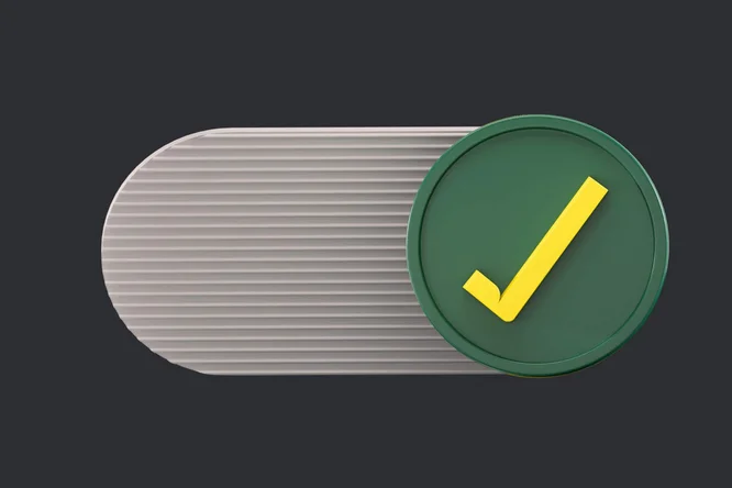 Dieses Bild zeigt ein Kippschalterdesign mit einem grünen, runden Häkchensymbol in Gelb, das Bestätigung und Genehmigung in digitalen Anwendungen symbolisiert und Benutzeraktionen und Entscheidungsfindung darstellt.