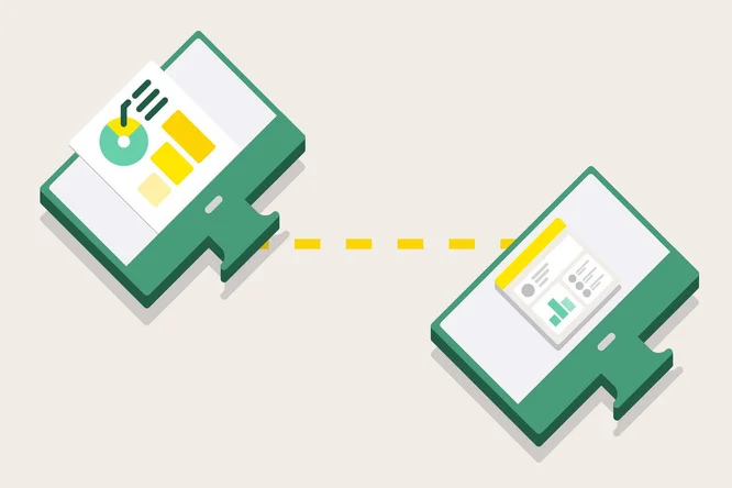 Dieses Bild zeigt zwei Computerbildschirme, die durch eine gestrichelte Linie verbunden sind und Datenvisualisierungselemente wie Diagramme und Grafiken zeigen, die den Prozess der Übertragung und Analyse von Daten in digitalen Umgebungen darstellen.