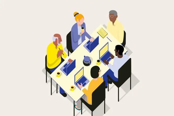 Illustration einer vielfältigen Gruppe von Fachleuten bei einem gemeinsamen Meeting am Tisch – betont Teamarbeit und Kommunikation.