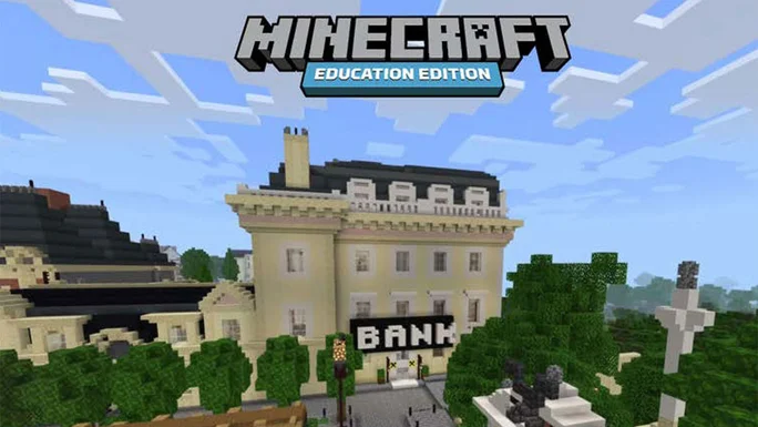 Ein digitales Bankgebäude, das in der Minecraft Education Edition erstellt wurde und blockartige Architektur und kreatives Design zeigt.