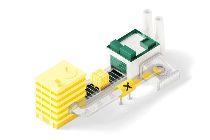 Eine 3D-Darstellung einer Fabrik, die an ein Finanzflusssystem angeschlossen ist und die Bewegung von Waren und Geld auf effiziente Weise veranschaulicht.