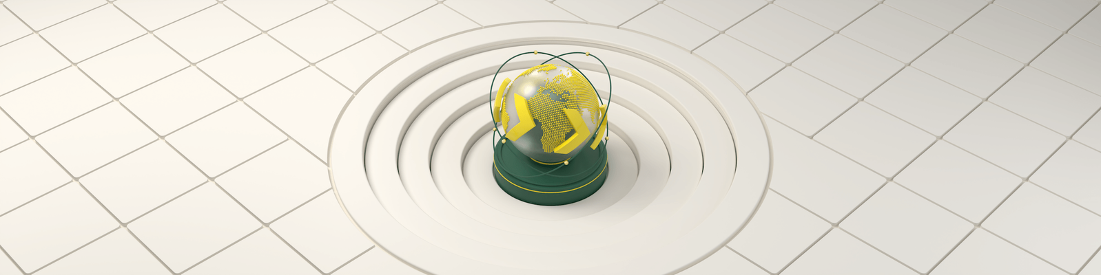 A glossy yellow sphere is encased in a transparent structure and placed at the center of a tiled floor. Concentric circular ridges radiate outward from the object, creating a ripple-like effect in the surface. The scene is minimalistic with soft lighting and a neutral, off-white environment. The overall composition feels modern and abstract, emphasizing geometric shapes and clean lines.