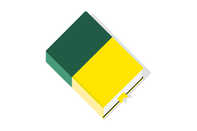 Gebundenes Buch mit auffälligem Farbblock-Design in Grün und Gelb. Ein gelbes Lesezeichen ragt sichtbar aus den Seiten. Der minimalistische Stil betont klare Linien und geometrische Formen – passend für moderne Ästhetik.