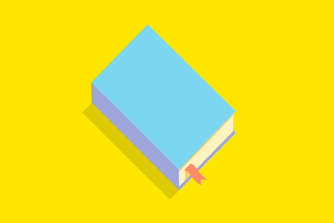 A minimalist illustration of a closed book with a light blue cover and a visible orange bookmark. The book is set against a bright yellow background, creating a vibrant and modern visual. The design emphasizes simplicity and bold color contrasts.
