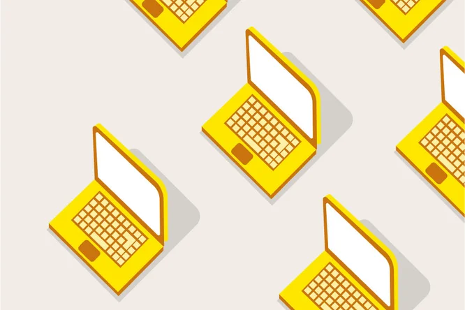 Moderne Illustration mit einer Vielzahl gelber Laptops – steht für Technologie, digitale Kommunikation und Vernetzung.