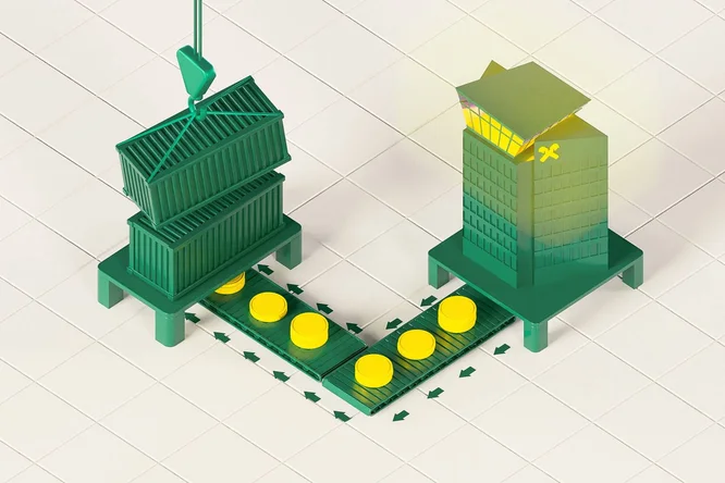 3D-Illustration einer digitalen Lieferkette mit Schiffscontainern und dem RBI-Hauptsitz, verbunden durch ein Förderband mit Münzen – steht für automatisierte Logistik und nahtlose Finanztransaktionen im modernen Handel.