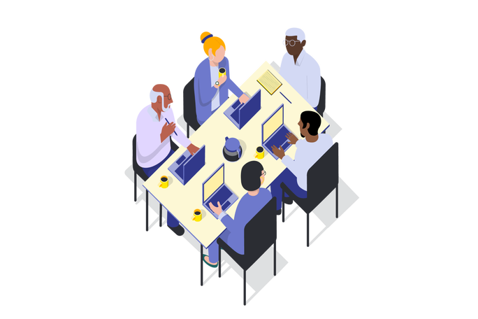 Illustration von fünf vielfältigen Personen, die um einen Tisch mit Laptops, Kaffeetassen und einer Kaffeekanne sitzen und an einem gemeinsamen Arbeitstreffen teilnehmen.