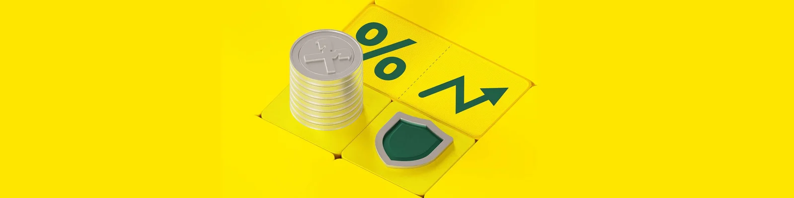 Illustration mit gestapelten Münzen, einem Prozentsymbol, einem nach oben gerichteten Pfeil und einem Schild auf einem hellgelben Hintergrund, das finanzielles Wachstum und Schutz symbolisiert.