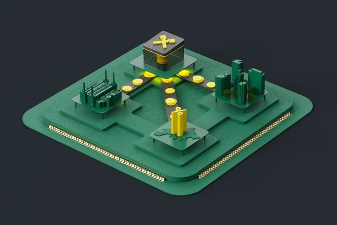 3D-Illustration eines digitalen Finanzökosystems mit miteinander verbundenen Fabriken, Gebäuden und Infrastrukturen, die über einen zentralen Knotenpunkt digitale Münzen austauschen, was moderne Finanztechnologie und wirtschaftliche Konnektivität symbolisiert.