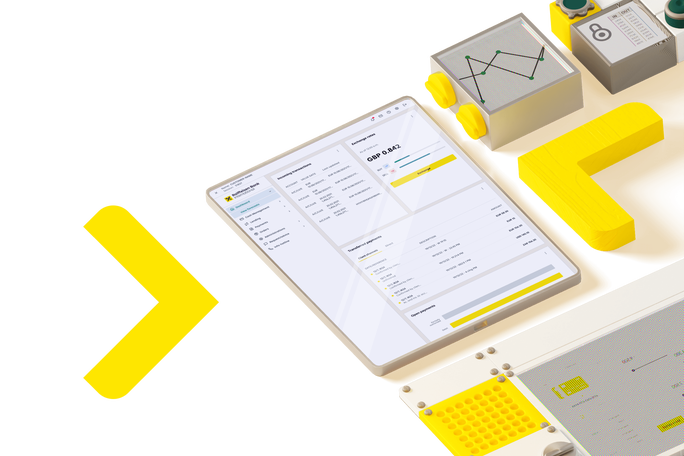 A digital tablet displays a financial dashboard with visible data, including the value 'GBP 9.43'. The setting includes abstract office elements such as charts, graphs, and yellow geometric shapes, suggesting a modern workspace. The color palette is dominated by white, yellow, and gray tones, creating a clean and contemporary look. No people are visible in the image.