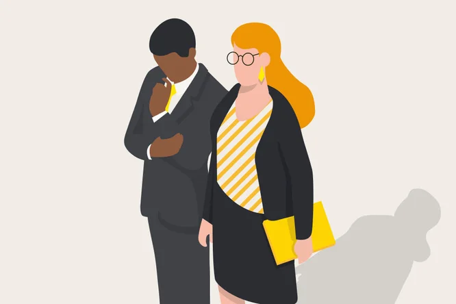 An illustration of two business professionals in formal attire, symbolizing teamwork, corporate partnership, and mutual support in the workplace.