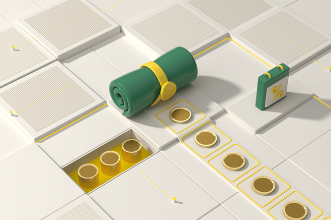 Isometric 3D illustration shows a rolled green document or contract on a stylized grid surface. Nearby, stacked gold coins and flat coin icons move along a highlighted path, suggesting cash flow or transactions. A small green block with a yellow percent symbol reinforces themes of interest rates, returns, or financial metrics. The scene uses clean geometric forms and a minimal palette of white, green, and yellow for a modern, conceptual finance aesthetic.