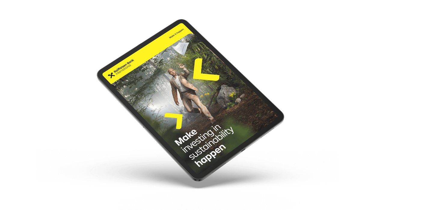 A tablet device featuring a cover design promoting sustainability. The image shows a person walking in a lush, green forest setting, emphasizing nature and eco-conscious themes. Bright yellow arrows and the text 'Make investing in sustainability happen' are prominently displayed. The design conveys a modern and optimistic mood.