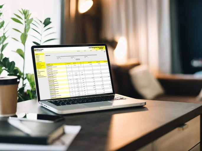 Ein Laptop auf einem Tisch zeigt ein Online-Banking-Dashboard mit Finanzdaten, daneben stehen ein Kaffeebecher und Notizbücher in einer gemütlichen Wohnumgebung.