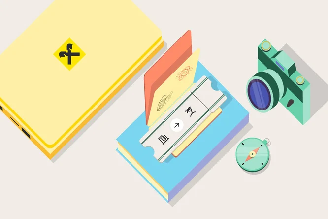 Illustration mit Reiseutensilien wie Reisepass, Ticket, Kamera und Kompass – symbolisiert Abenteuer, Entdeckergeist und Fernweh.