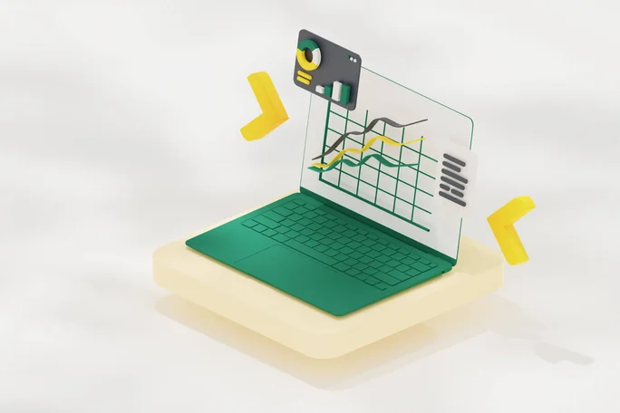 Eine 3D-Illustration eines grünen Laptops, der bunte Diagramme, Grafiken und Analysen auf dem Bildschirm zeigt.