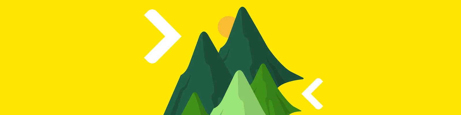 A stylized illustration featuring green mountains against a vibrant yellow background. The design includes a sun partially visible above the peaks and white arrow-like shapes framing the image. The artwork conveys a minimalistic and cheerful aesthetic.