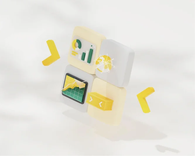 Eine 3D-Illustration von vier quadratischen Blöcken mit Analysediagrammen, einem Globusnetzwerk, einem Versandcontainer und einem Diagramm, mit gelben Pfeilen auf weißem Hintergrund.