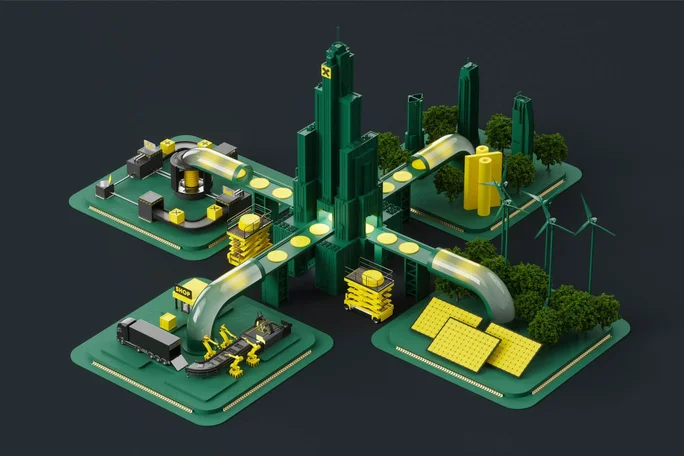 3D-Illustration einer futuristischen Smart City, die mit automatisierten Fabriken, erneuerbaren Energiequellen und effizienter Logistik vernetzt ist und nachhaltige Stadtentwicklung und industrielle Automatisierung repräsentiert.
