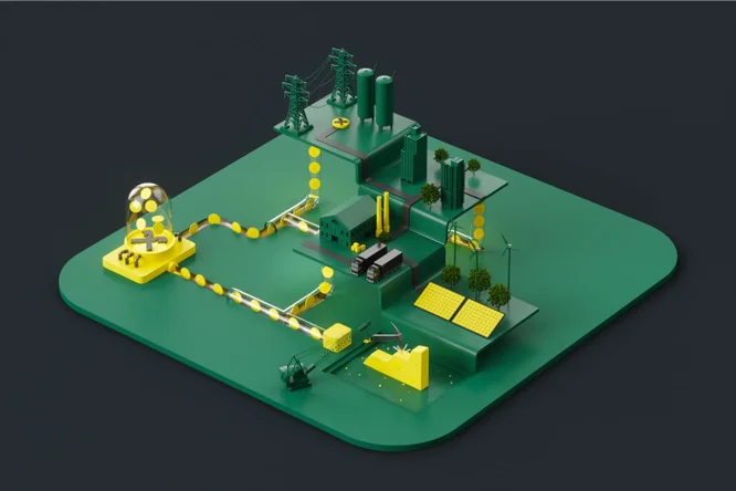 Eine 3D-Illustration einer Smart City mit Fabriken, Solarpanels, Windkraftanlagen, Stromleitungen, Gebäuden und Münz-Transportröhren auf einer grünen Plattform.