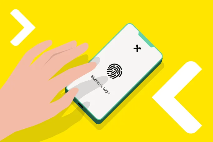 Hand using biometric login for secure SoftPOS payment on a smartphone.