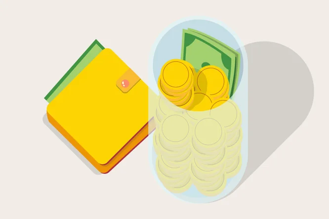 Eine Illustration, die eine Geldbörse neben einem transparenten Glas voller Münzen und Bargeld zeigt, symbolisiert Budgetierung, Ersparnisse und finanzielle Verantwortung.