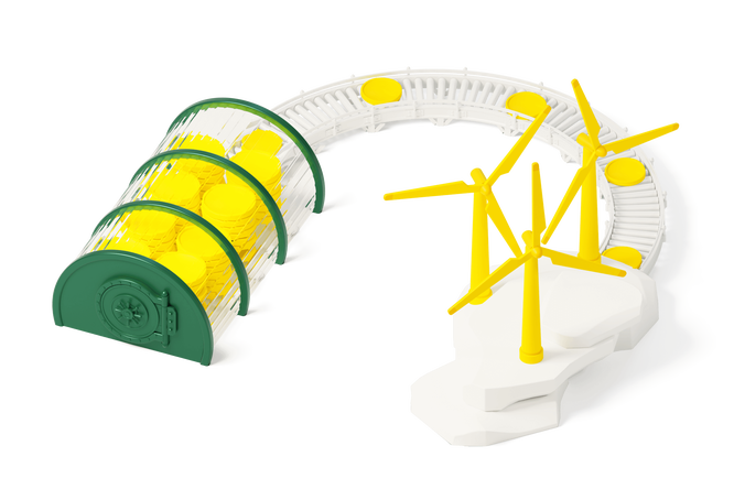 An illustration of windmills creating money flowing into a deposit