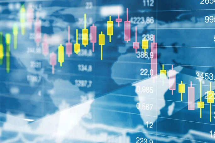 Eine detaillierte Visualisierung von Candlestick-Charts der Börse, die auf einer Weltkarte überlagert sind und die Vernetzung der globalen Finanzmärkte darstellen.