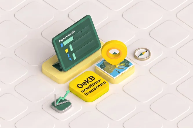 Die isometrische Illustration zeigt ein grünes digitales Dashboard mit der Bezeichnung „Zahlungsdetails“ und Diagrammen und Balken. Daneben befinden sich stilisierte Finanz- und Navigationssymbole, darunter ein gelber Block mit der Aufschrift „ÖKB Investitionsfinanzierung“ und eine kleine Karte mit der Markierung „Hauptsitz“. Die Szene ist auf einer hellen, gekachelten Oberfläche mit weichen Schatten und Pastellfarben angeordnet. Insgesamt vermittelt die Komposition den Eindruck moderner Investitionen, Zahlungsabwicklung und Navigation in Unternehmenszentralen.