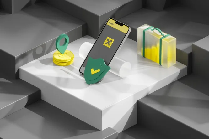 Eine 3D-Darstellung des mobilen Finanzmanagements mit einem Smartphone, Münzen, einem Sicherheitsschild und einem Koffer, die sichere und zugängliche Banklösungen symbolisieren.