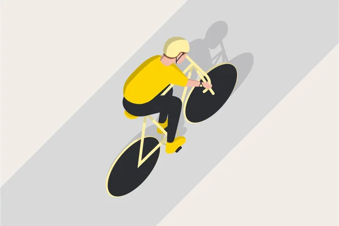 Isometrische Illustration eines Radfahrers in leuchtend gelber Kleidung auf einem schlanken Fahrrad – betont Geschwindigkeit und Bewegung im modernen, minimalistischen Design.