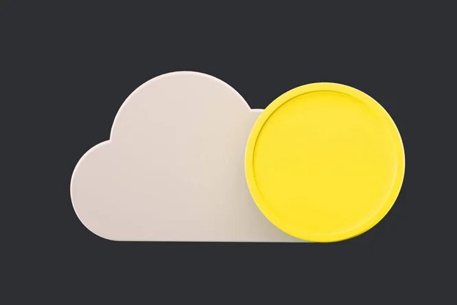 Dieses Bild zeigt ein stilisiertes Wolkensymbol neben einer leuchtend gelben Münze, die das Konzept der Cloud-Speicherung und ihre Verbindung zu digitalen Währungen im modernen Finanzwesen darstellt.