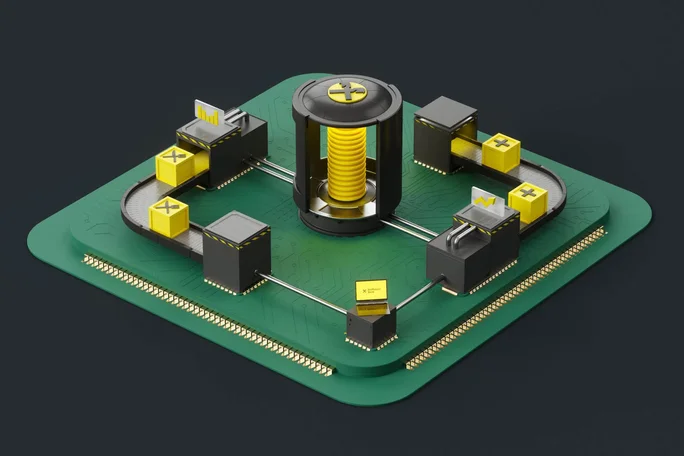 3D-Illustration eines automatisierten Datenmanagementsystems mit digitalen Blöcken, die über Förderbänder zu einer zentralen Speichereinheit transportiert werden – steht für fortschrittliche Technologie und nahtlose Datenverarbeitung.