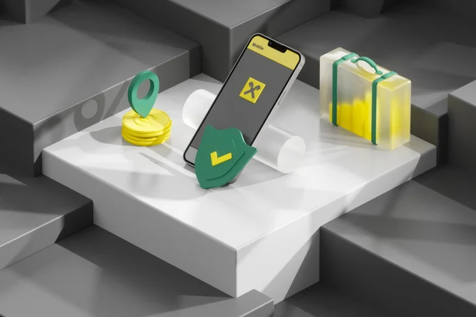 Eine 3D-Illustration, die Mobile Banking mit einem Smartphone, einem Sicherheitsschild, Münzen und einem Koffer darstellt und sichere Finanztransaktionen und mobile Erreichbarkeit symbolisiert.