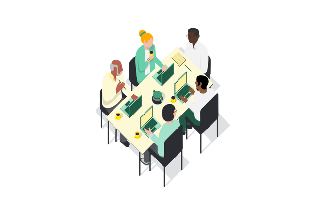 Illustration of diverse team members collaborating around a table, discussing business strategy and working on laptops.