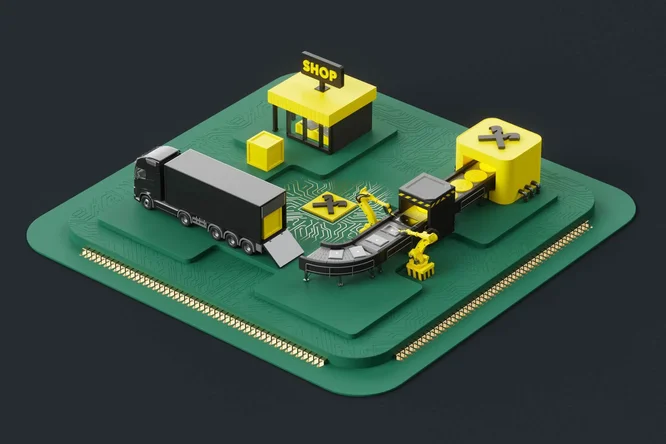 Illustration mit grünen Frachtcontainern und einem modernen Bürogebäude, verbunden durch ein Förderband mit Goldmünzen – symbolisiert den nahtlosen Transfer von Waren und Finanztransaktionen im globalen Handel.