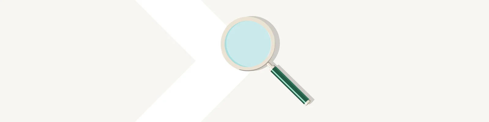 A simple illustration of a magnifying glass with a green handle and a light blue lens. The design features a clean, minimalist style on a beige background with a diagonal white stripe. No visible text or numeric values are present in the image.