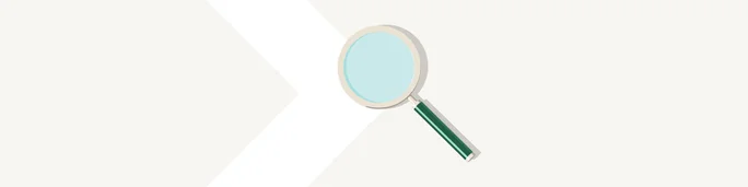 A simple illustration of a magnifying glass with a green handle and a light blue lens. The design features a clean, minimalist style on a beige background with a diagonal white stripe. No visible text or numeric values are present in the image.