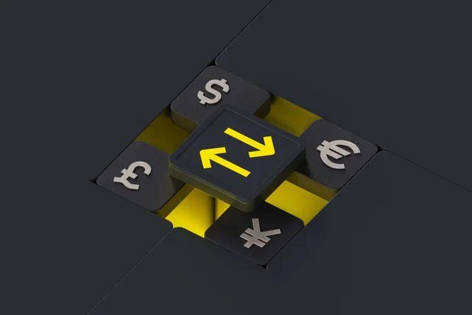 Eine digitale Illustration von Währungssymbolen, Pfeilen und einem zentralen Börsensymbol, die den internationalen Devisenhandel, den Devisenmarkt und Finanztransaktionen darstellen.